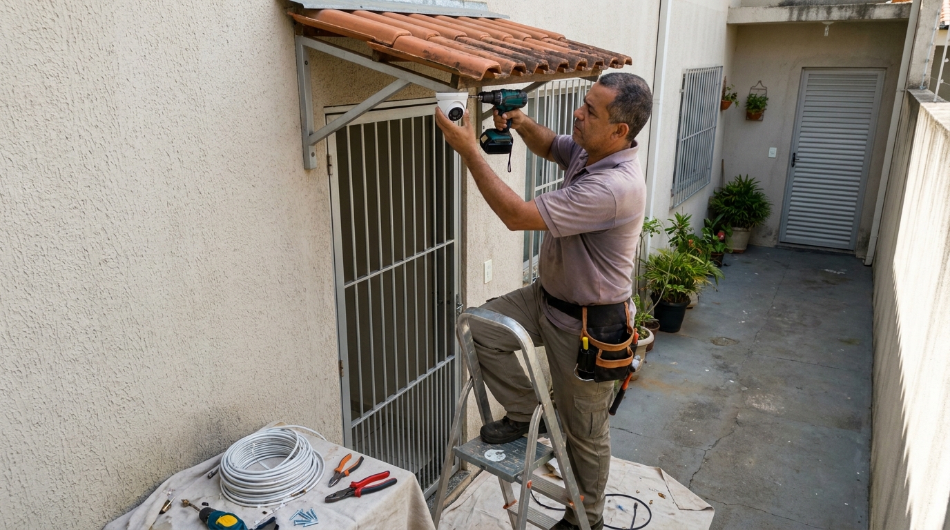 Eletricista instalando cameras de seguranca em Suzano‑SP