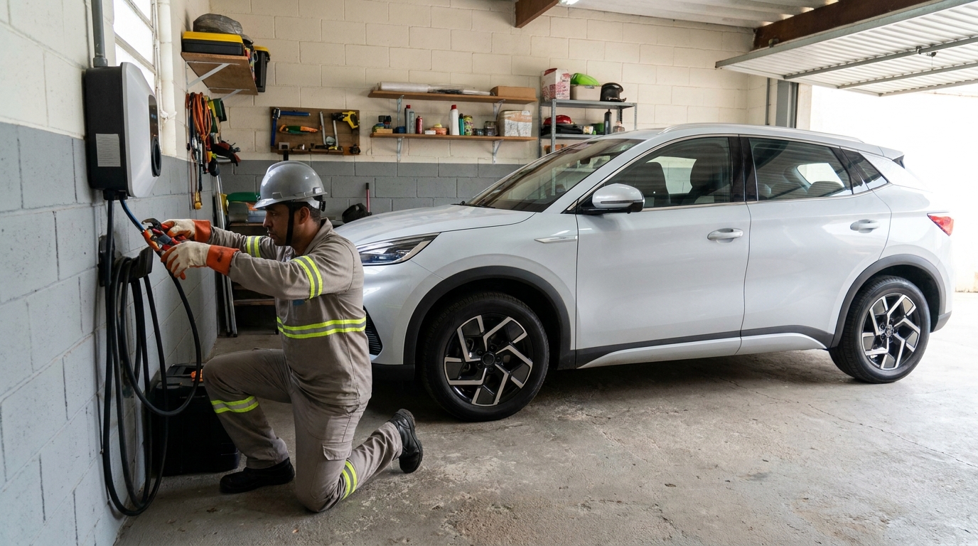 Eletricista instalando carregador de carro eletrico em Suzano‑SP