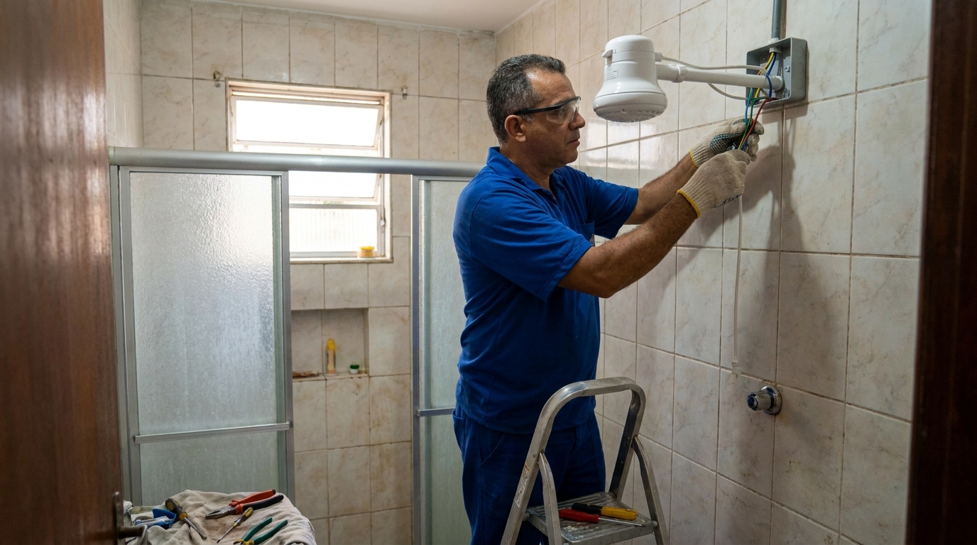 Eletricista instalando chuveiro eletrico em Suzano‑SP