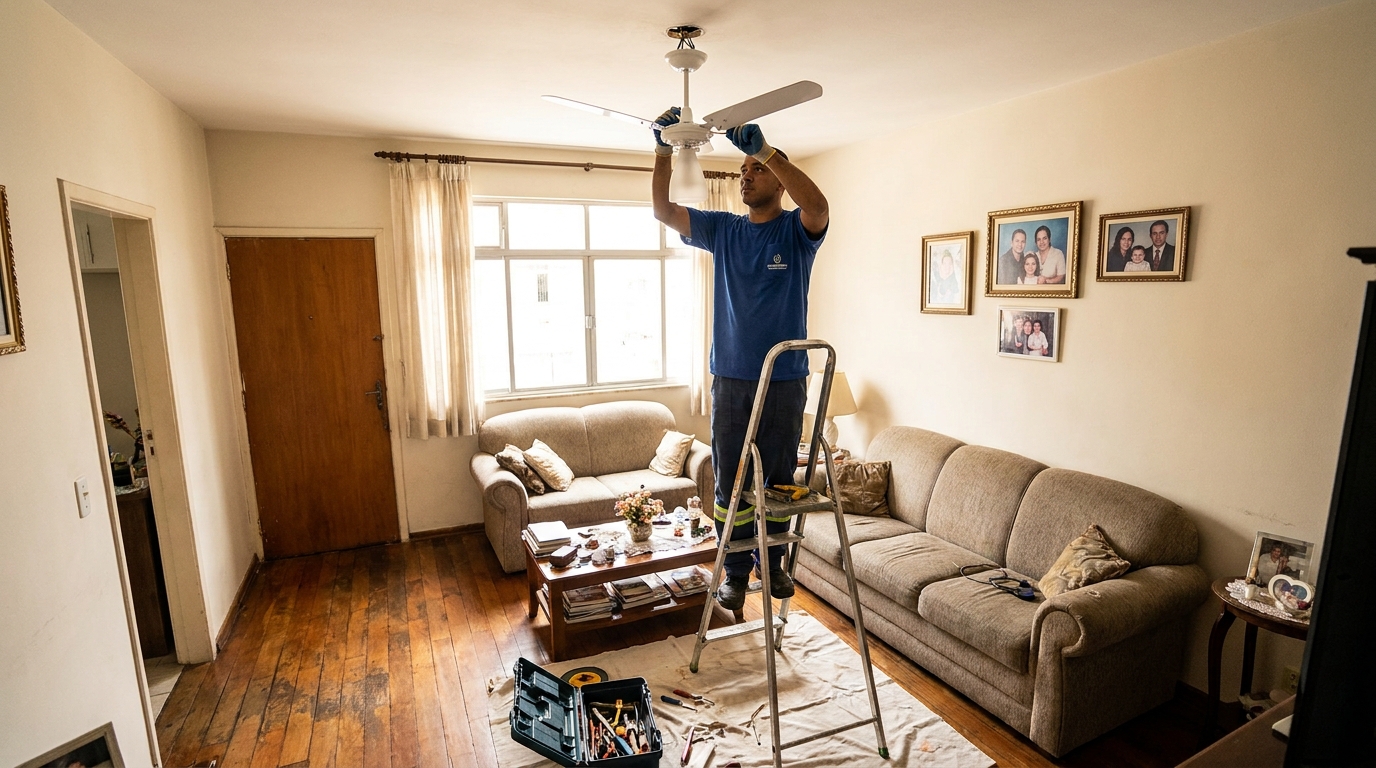 Eletricista instalando ventilador de teto em Suzano‑SP